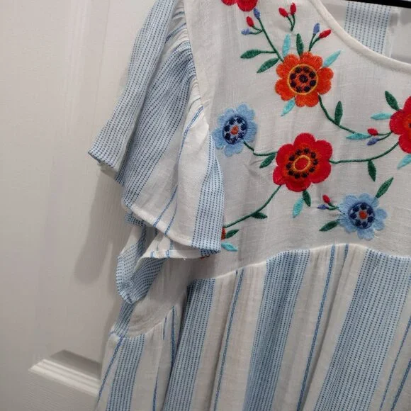 By The River Embroidered Stripe Dress Size Large Blue White Floral Boho Midi - Picture 7 of 11